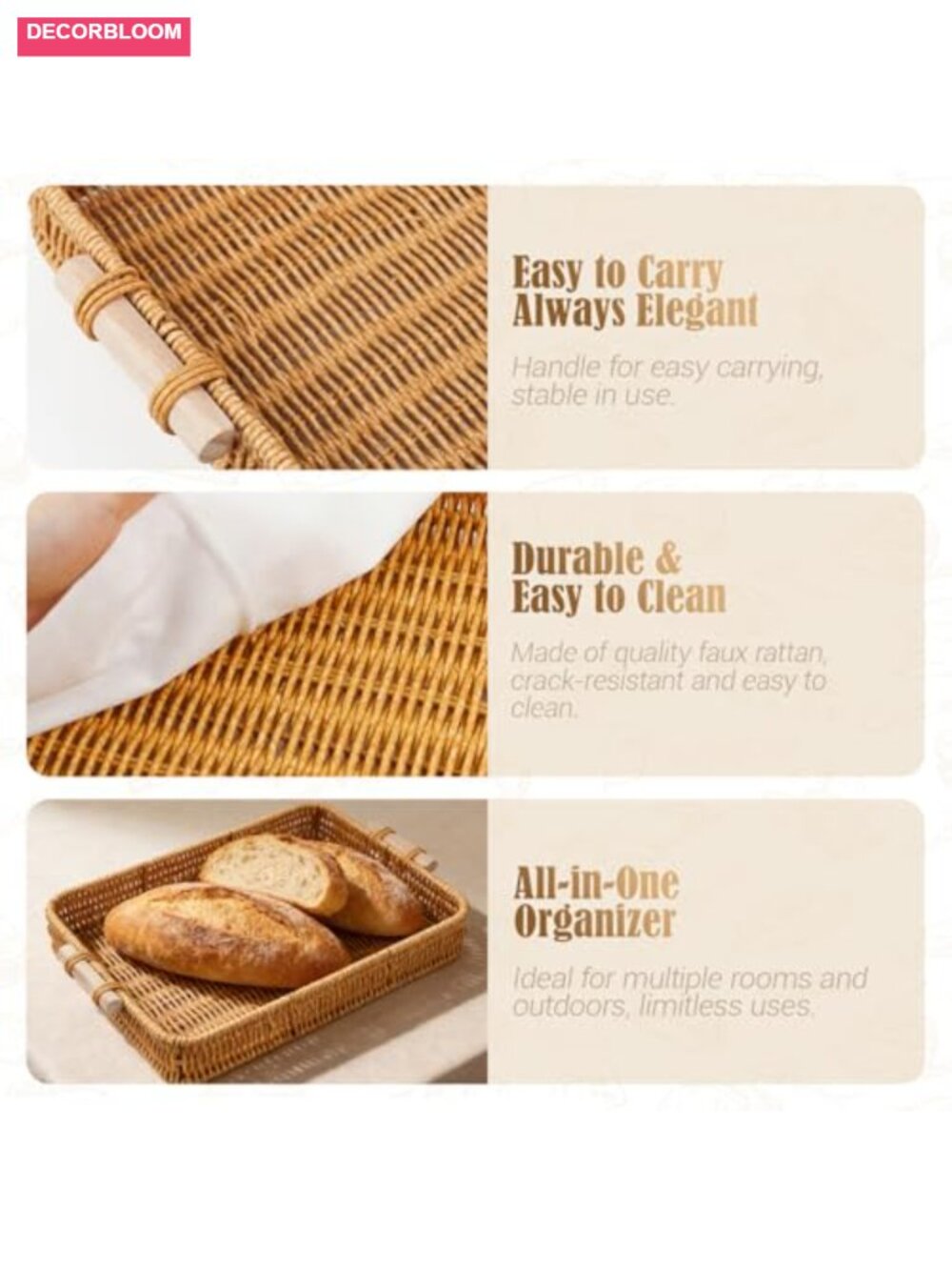 2-Pack Large Rectangular Faux Rattan Serving Tray with Wooden Handles, Woven - Picture 3 of 6